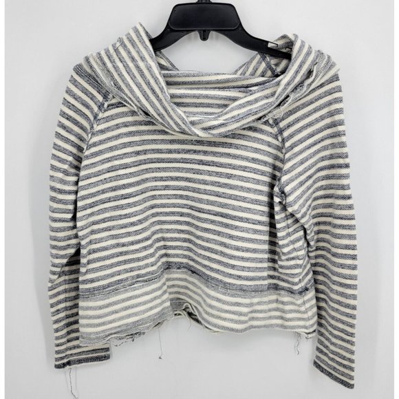 Free People Sweater Womens XS Blue Ivory Stripe Cowl Neck Cropped Pullover Boho - Picture 1 of 7